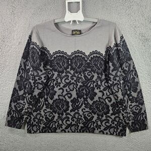 Bob Mackie Wearable Art Plus Sz 1X Gray Black Lace‎ Rose Long Sleeve Sweater Top